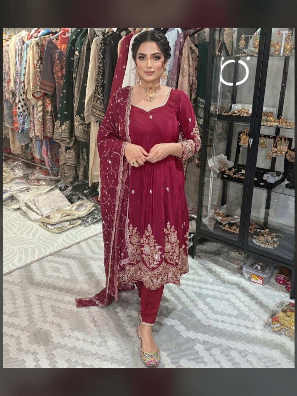 Women's Straight-Leg Maroon Embroidered Pants & Tunic Set